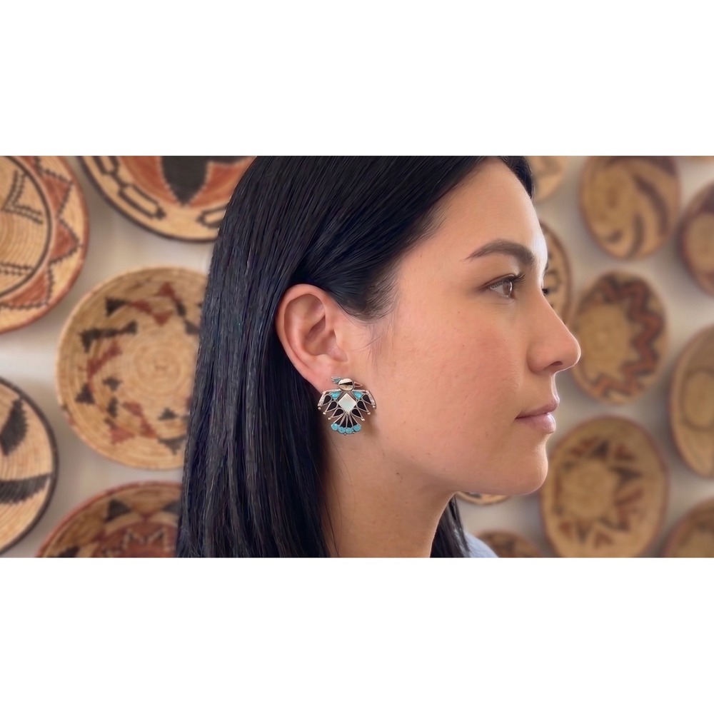 Artisan‎ Zuni Sterling Silver Mosaic Thunderbird Studs - Rare Native Lapidary